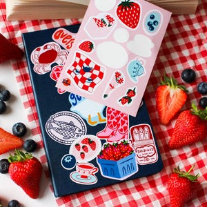 Strawberry Picnic Sticker Sheet – Hand Illustrated Vinyl Stickers | Summer Fruit, Cottagecore Journal, Planner & Scrapbook Stickers