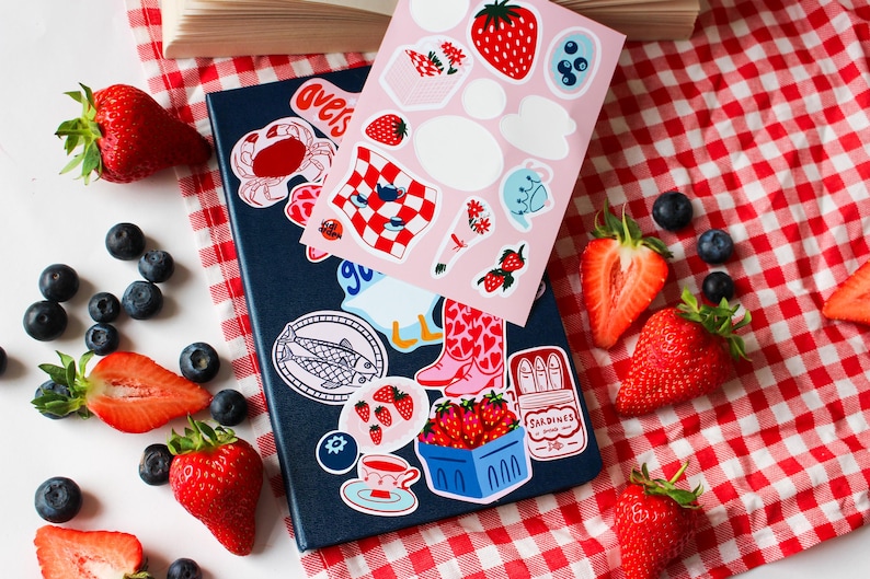 Strawberry Picnic Sticker Sheet – Hand Illustrated Vinyl Stickers | Summer Fruit, Cottagecore Journal, Planner & Scrapbook Stickers