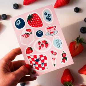Strawberry Picnic Sticker Sheet – Hand Illustrated Vinyl Stickers | Summer Fruit, Cottagecore Journal, Planner & Scrapbook Stickers
