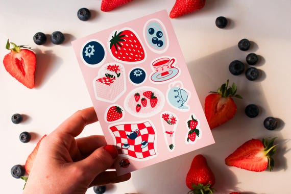Strawberry Picnic Sticker Sheet – Hand-Illustrated Waterproof Vinyl, Journal & Planner