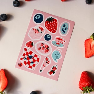 Strawberry Picnic Sticker Sheet – Hand Illustrated Vinyl Stickers | Summer Fruit, Cottagecore Journal, Planner & Scrapbook Stickers