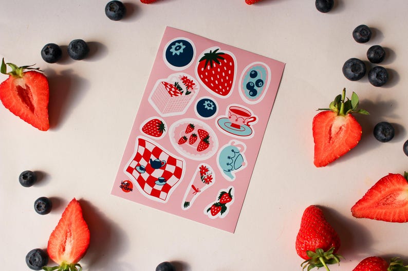 Strawberry Picnic Sticker Sheet – Hand Illustrated Vinyl Stickers | Summer Fruit, Cottagecore Journal, Planner & Scrapbook Stickers