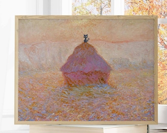 Monet Cat Print Claude Monet Grainstack Sun in the Mist Horizontal Fall Wall Art Funny Black Cat Poster Vintage Painting Instant Download