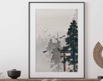 Vintage Neutral Japanese Art Print Japandi Wall Art Wabi Sabi Minimalist Decor Ohara Koson Painting Flock of Birds Pine Tree Forest