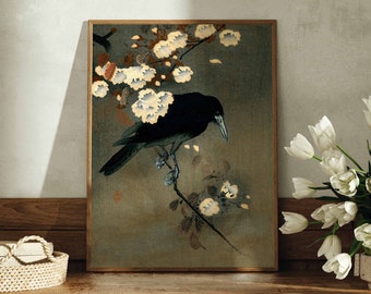 Crow Cherry Blossom Vintage Japanese Painting Ohara Koson Woodblock Print Minimalist Home Decor Neutral Printable Wall Art Instant Download