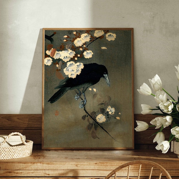 Crow Cherry Blossom Vintage Japanese Painting Ohara Koson Woodblock Print Minimalist Home Decor Neutral Printable Wall Art Instant Download