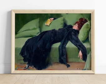 Decadent Young Woman After The Dance Horizontal Printable Wall Art Green Living Room Home Decor Mid-century Modern Instant Download
