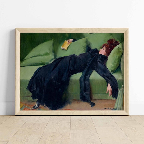 Decadent Young Woman After The Dance Horizontal Printable Wall Art Green Living Room Home Decor Mid-century Modern Instant Download