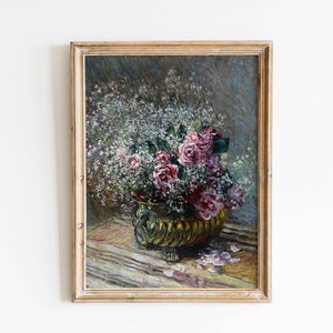 Rustikale rosa Monet Rose Vintage Kunstdruck Antike Blumen Stillleben Ölgemälde moderne Bauernhaus Dekor Landhaus druckbare Wandkunst