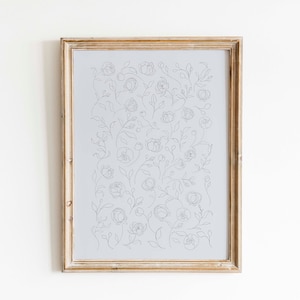 Blue Wall Art Peony Line Art Pattern Print Botanical Flower Drawing Light Blue Minimalist Home Modern Decor Bedroom Printable Wall Art