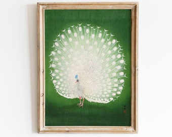 White Peacock Japanese Woodblock Print Ohara Koson Emerald Green Wall Art Minimalist Home Decor Printable Wall Art Instant Download