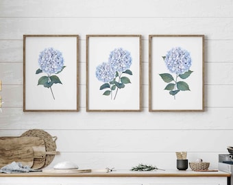 Hydrangea Print Set of 3 Blue Watercolor Botanical Printable Wall Art Floral Wall Decor Minimalist Colorful Home Decor Instant Download