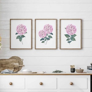Hydrangea Print Set of 3 Blush Pink Watercolor Botanical Printable Wall Art Floral Wall Decor Modern Farmhouse Country Girls Bedroom Decor