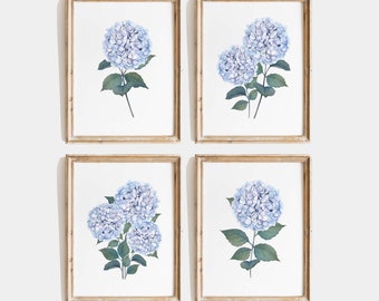Blaue Hortensie Aquarell 4er Set Drucke Botanische Blumen Wand Kunst Modernes Bauernhaus Landhaus Dekor in Blautönen Instant Download