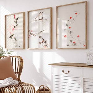 Set of 3 Vintage Muted Pink Floral Wall Decor Art Prints Japandi Wall Art Wabi Sabi Minimalist Decor Hokusai Printable Wall Art