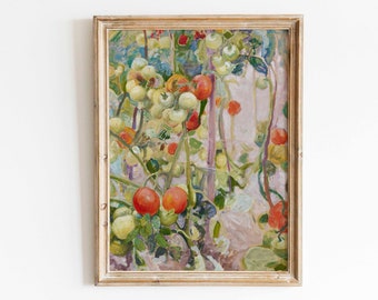 Pintura vintage de tomate, arte de pared para cocina, impresión artística de frutas antiguas, estilo rústico, estilo rústico, estilo cottagecore, arte de pared imprimible.