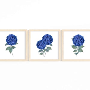 Hydrangea Print Set of 3 Dark Blue Watercolor Botanical Printable Wall Art Floral Wall Decor Minimalist Colorful Home Decor Instant Download