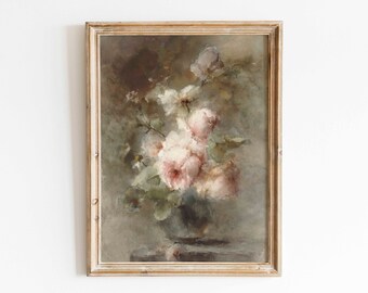 May include: A framed painting of a bouquet of pink roses in a vase. The roses are painted in a soft, romantic style, with a muted background.