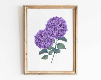 May include: A framed print of two purple hydrangeas with green leaves on a white background.