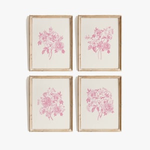 Pink Decor Set of 4 Wall Art Prints Vintage Pink Toile Art Aesthetic Chinoiserie Bouquet Botanical Drawing Minimalist Home Digital Download