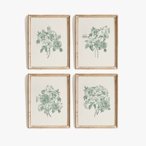 Green Decor Set of 4 Wall Art Print Antique Green Toile Art Aesthetic Chinoiserie Bouquet Botanical Drawing Minimalist Home Digital Download