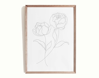 Puede incluir: Un dibujo en blanco y negro enmarcado de dos peonías.
