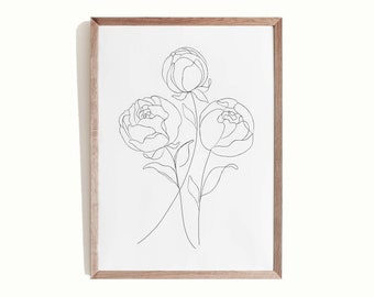 Black and White Wall Art Peony Line Drawing Simple Line Print Botanical Flower Print Minimalist Home Modern Decor Printable Wall Art