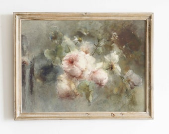 Vintage Rosa Botanischer Druck Antike Blumenmalerei Gedämpftes Blumenrosa Wandkunst Viktorianisches Dekor Romantische Ästhetische druckbare Wandkunst Arbeit