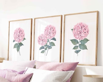 Hortensien Print 3er Set rosa Aquarell botanische druckbare Wand Kunst Blumen Wand Dekor minimalistisch bunt Wohnkultur Instant Download