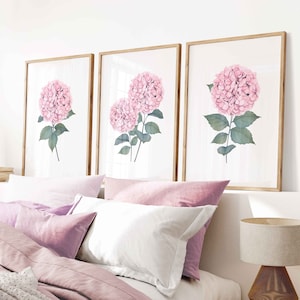Hydrangea Print Set of 3 Pink Watercolor Botanical Printable Wall Art Floral Wall Decor Minimalist Colorful Home Decor Instant Download