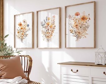 Wildflower Muted Watercolor Set of 3 Prints Neutral Autumn Printable Fall Flower Wall Art Minimalist Earth Tones Home Decor Instant Download