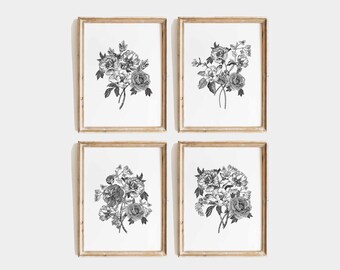 Black Decor Set of 4 Wall Art Print Antique Black Toile Art Aesthetic Chinoiserie Bouquet Botanical Drawing Minimalist Home Digital Download