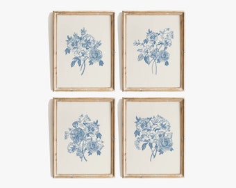 Blue Decor Set of 4 Wall Art Print Antique Blue Toile Art Aesthetic Chinoiserie Bouquet Botanical Drawing Minimalist Home Digital Download