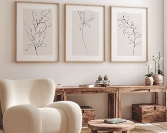 Beige Wall Art Set of 3 Neutral Botanical Line Art Plant Prints Minimalist Modern Living Room Home Decor Printable Art Instant Download