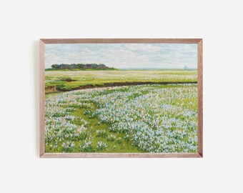 Spring Meadow Landscape Soft Green Oil Painting Printable Wall Art for Modern Farmhouse Living Room Vintage Home Decor Instant Download