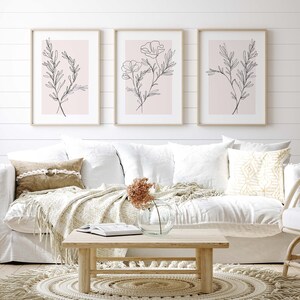 Ensemble de 3 oeuvres d'art mural rose poudré, dessin au trait botanique, impressions végétales, dessin de fleurs minimalistes, décoration de chalet de ferme moderne, téléchargement numérique