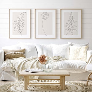 Neutral Wall Art Set of 3 Piece Peony Line Art Simple Flower Drawing Botanical Plant Prints Modern Minimalist Beige Decor Instant Download