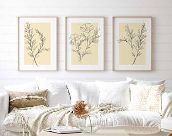 Yellow Wall Art Set of 3 Piece Botanical Line Art Plant Prints Minimalist Flower Drawing Modern Farmhouse Cottage Decor Digital Download
