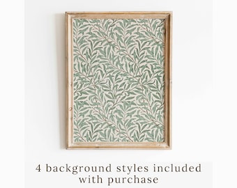 May include: A framed print featuring a green and white floral design. The frame is a light wood colour.