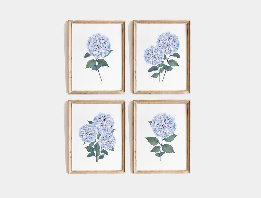 Blue Hydrangea Watercolor Set of 4 Prints Botanical Floral Wall Art ...