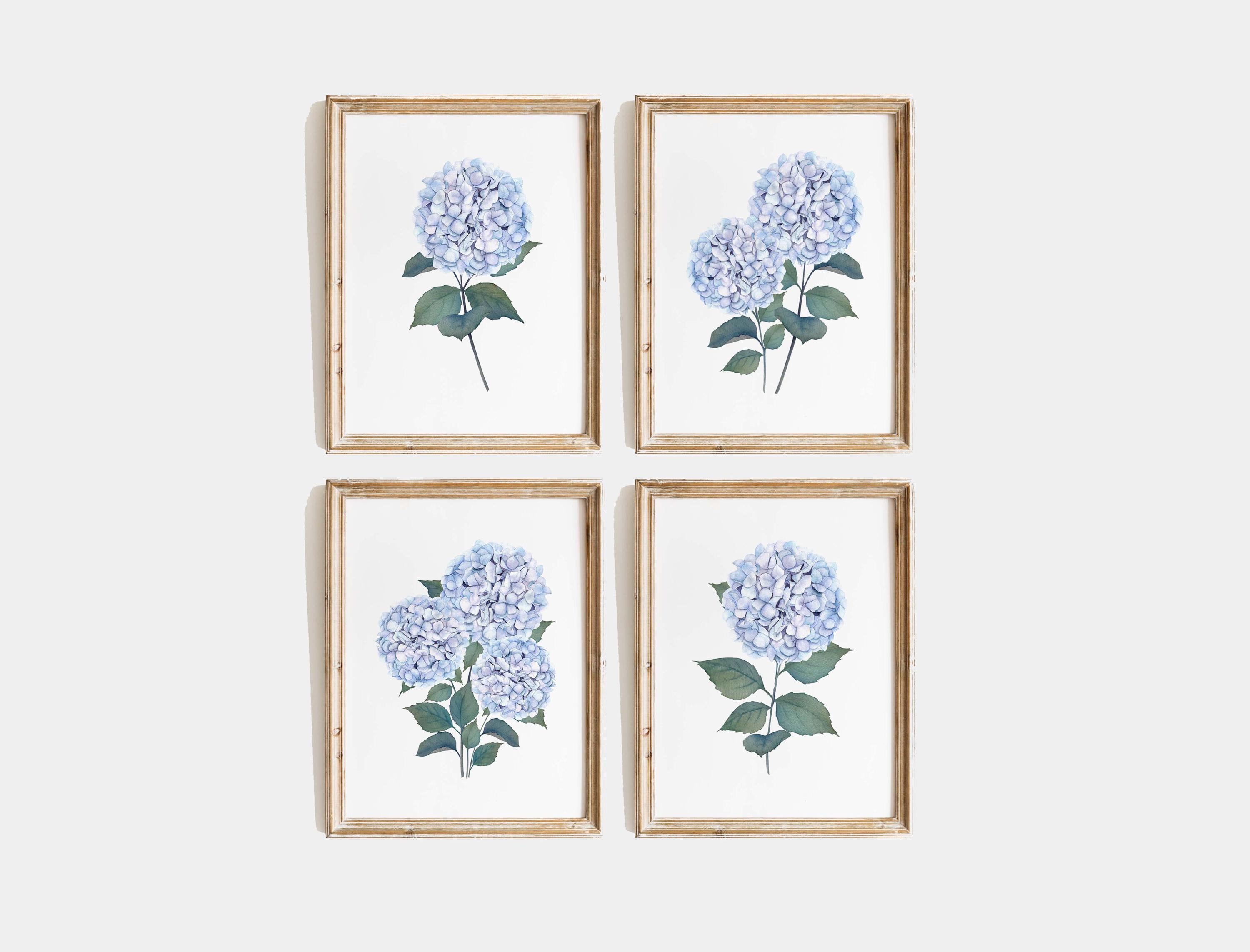 Blue Hydrangea Watercolor Set of 4 Prints Botanical Floral Wall Art ...