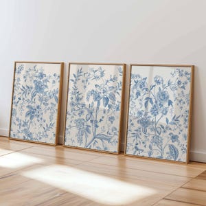 Blue Decor Triptych Wall Art Print Antique Toile Aesthetic Chinoiserie Botanical Wildflower Drawing Modern Minimalist Home Digital Download
