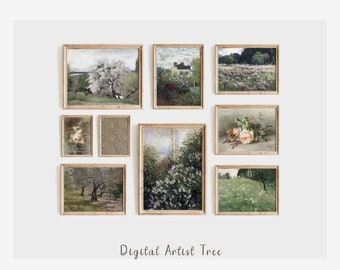 May include: A collection of eight framed art prints featuring various floral and landscape scenes. The prints are arranged in a grid pattern on a white wall. The frames are all made of wood and have a light brown finish. The prints are all in a vintage style and feature muted colors.