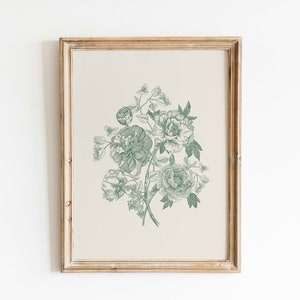 Green Wall Art Print Antique Green Toile Art Aesthetic Chinoiserie Flower Bouquet Minimalist Botanical Drawing Floral Decor Digital Download