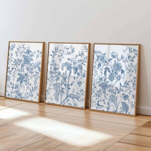 Blue Decor Triptych Wall Art Print Antique Toile Aesthetic Chinoiserie Botanical Wildflower Drawing Modern Minimalist Home Digital Download
