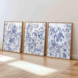 Indigo Blue Triptych Wall Art Print Antique Toile Aesthetic Chinoiserie Botanical Wildflower Drawing Modern Minimalist Home Digital Download