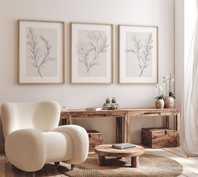 Neutral Wall Art Set of 3 Piece Wall Art Beige Botanical Line Art Plant ...