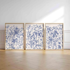 Indigo Blue Triptych Wall Art Print Antique Toile Aesthetic Chinoiserie Botanical Wildflower Garden Modern Minimalist Decor Digital Download