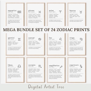 Zestaw Mega Zodiak 24 sztuki astrologicznej Zestaw upominkowy Zodiak Wydrukuj plakat do druku Cyfrowa astrologia Natychmiastowe pobranie Prezent