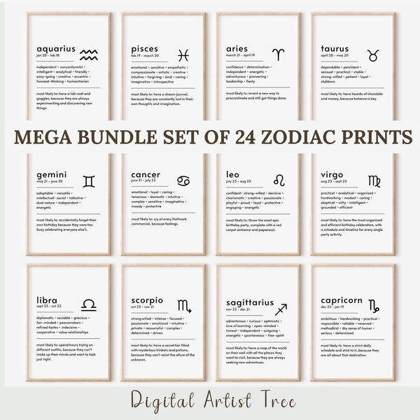 Zodiac Mega Bundle Set of 24 Astrology Artwork Zodiac Gift Set Zodiac Print Printable Poster Digital Astrology Instant Download Gift